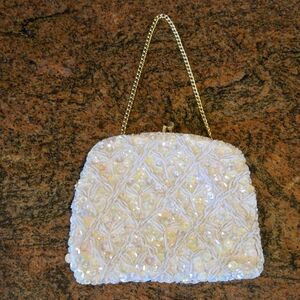 Vintage 1960s Beaded & Sequin White Evening Clutch – Gold Chain – 5"x6"